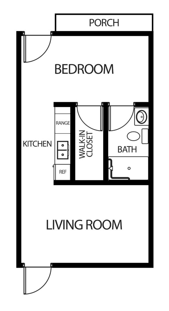 one-bedroom apartment with living room, bathroom, porch and kitchen