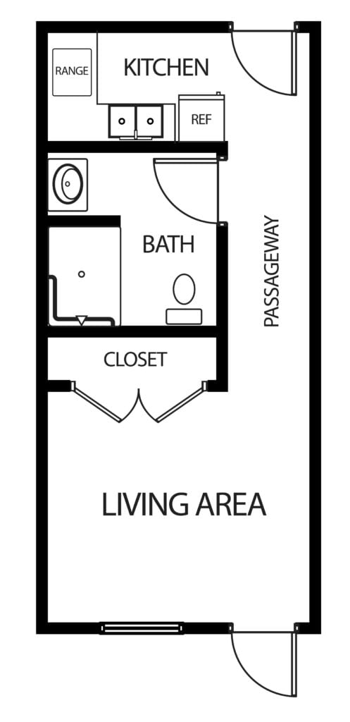 studio apartment with kitchen, bathroom and large closet