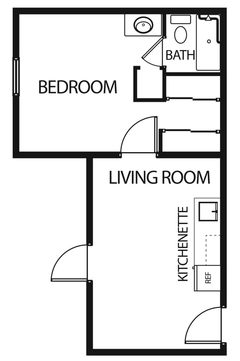 one-bedroom apartment with living room, bathroom and kitchenette