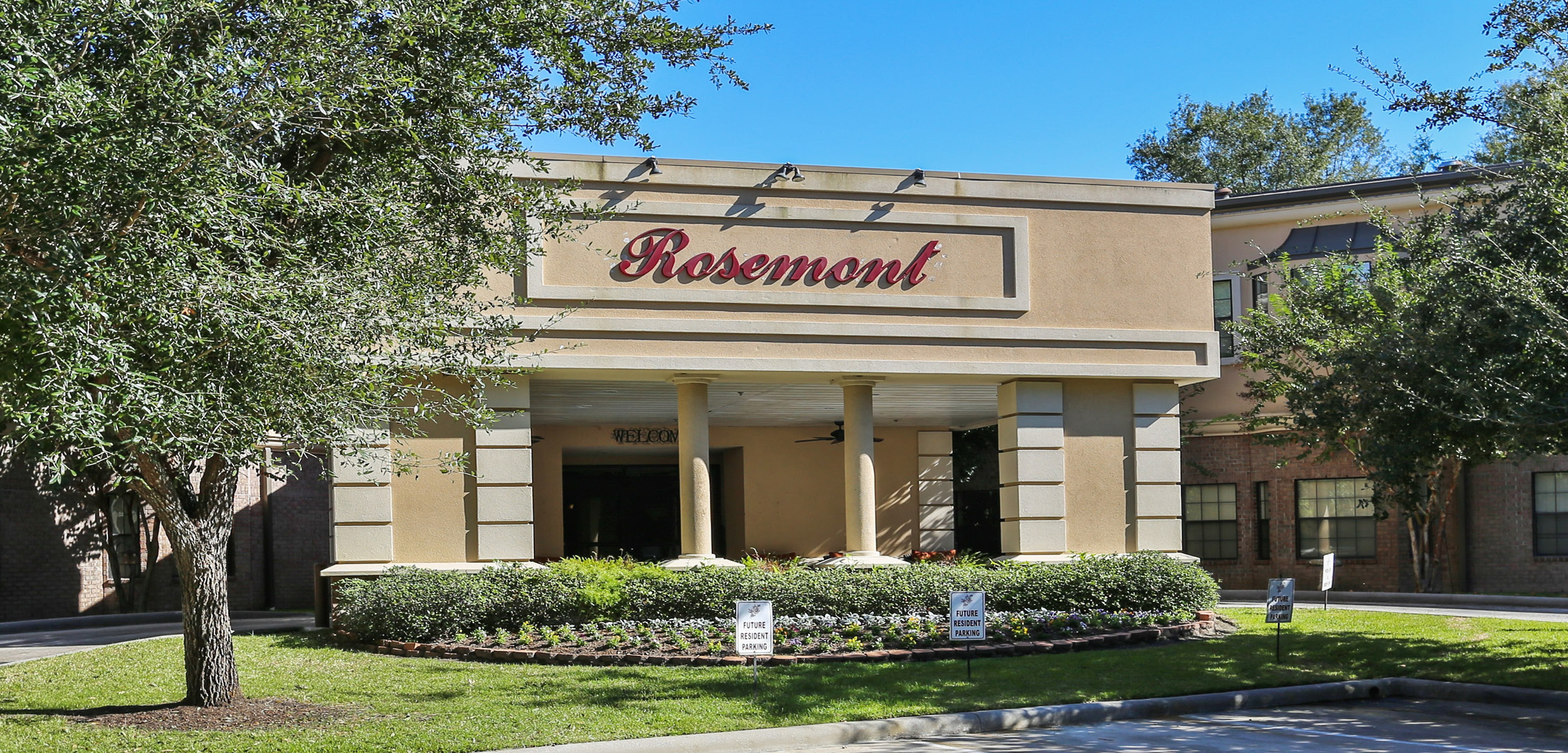 Front entrance to senior living community in Humble, Texas.
