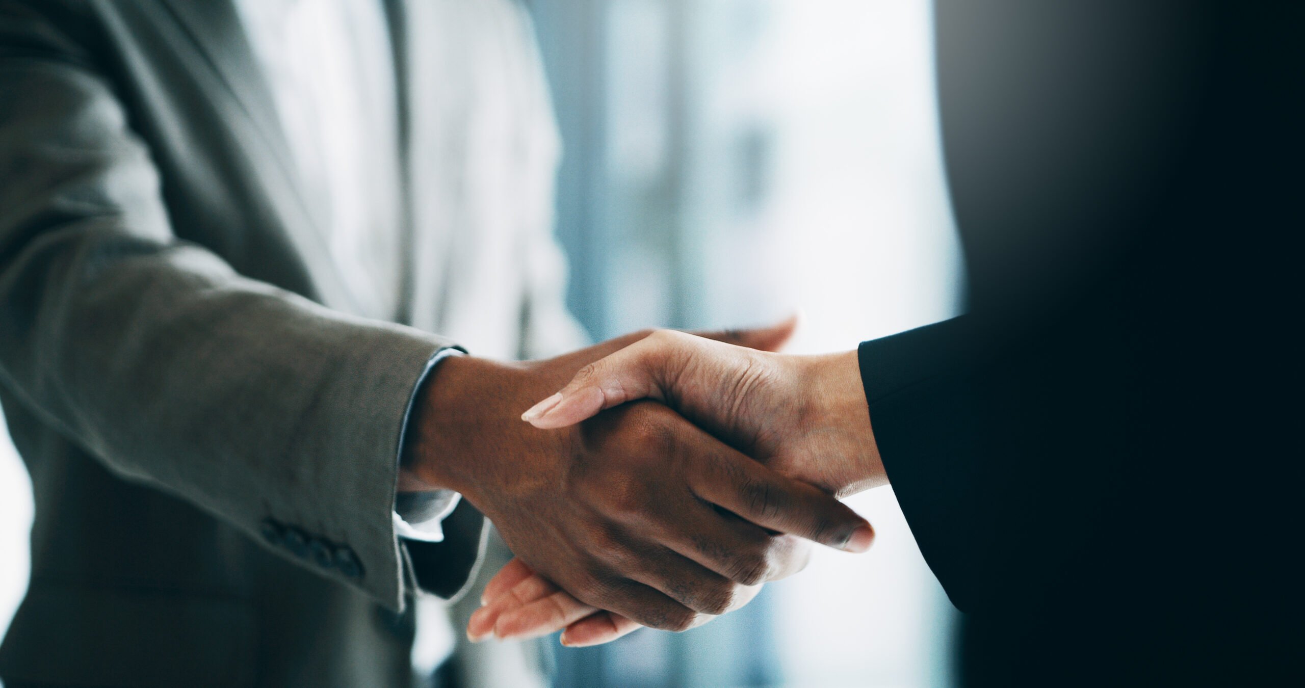 Closeup shot of two unrecognisable businesspeople shaking hands in an office