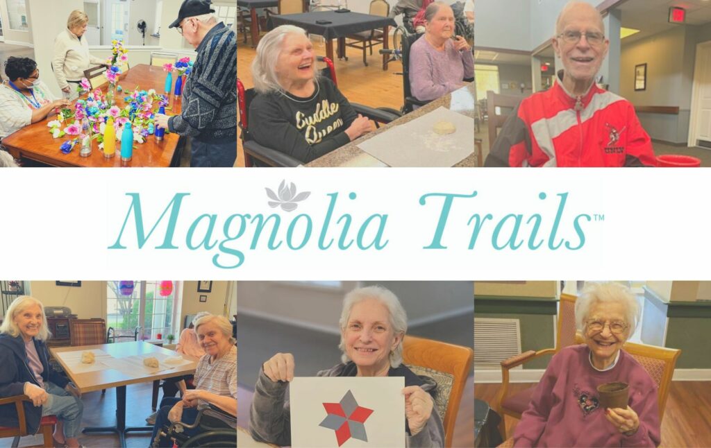 six images depicting seniors in magnolia trails, a memory care program by sonida senior living