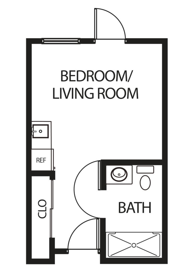 studio apartment with private bathroom and closet