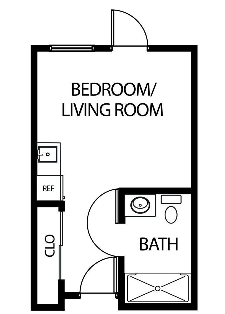studio apartment with private bathroom and closet