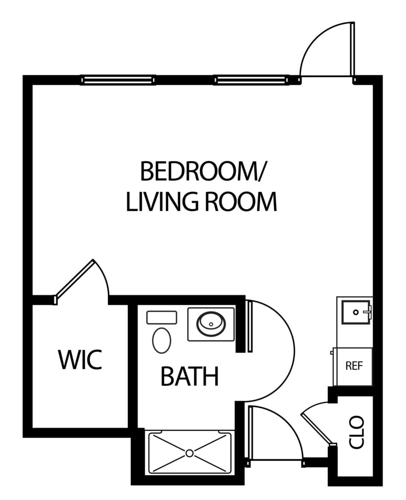 studio apartment with private bathroom and kitchenette