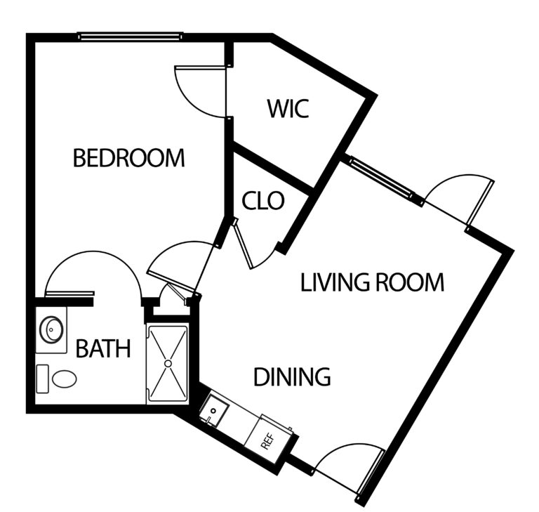 one-bedroom apartment with living room, bathroom and kitchenette