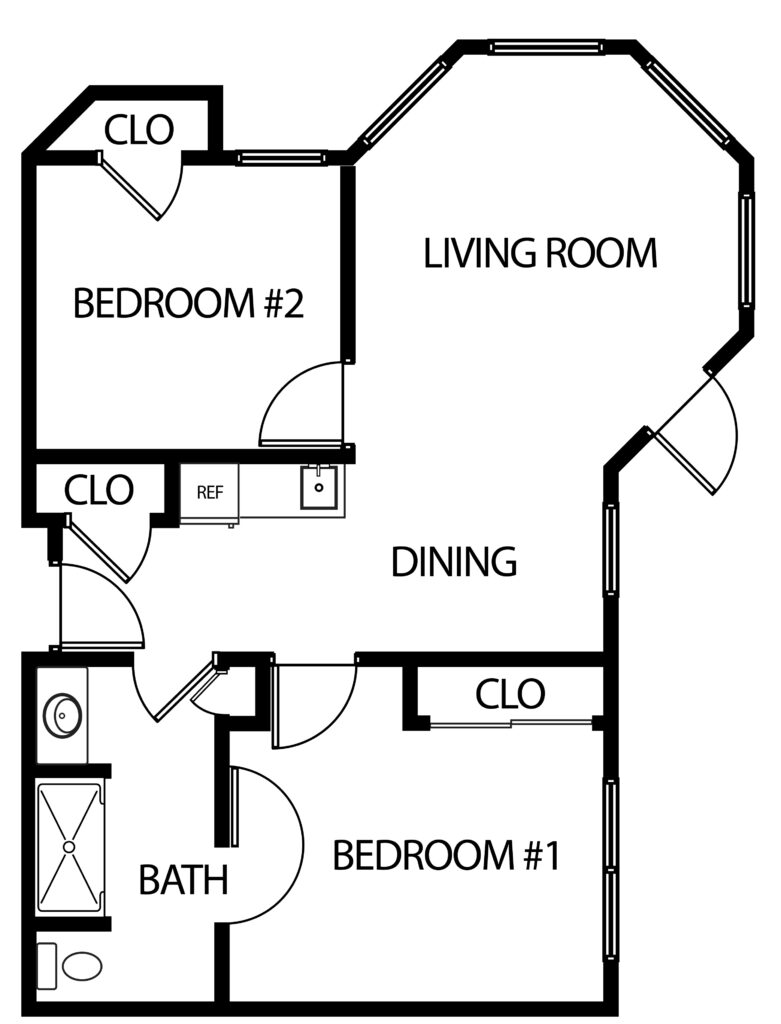 two-bedroom apartment with living room, one bathroom, kitchenette and closets