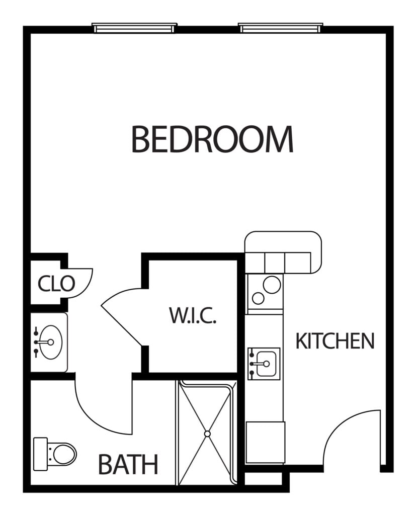 studio apartment with private bathroom and kitchen