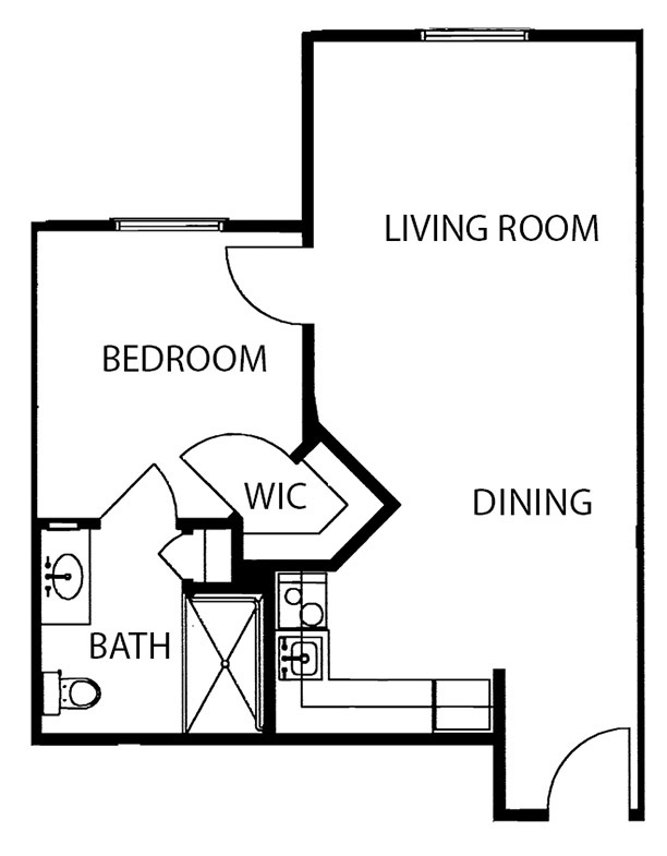 one-bedroom apartment with living room, bathroom and kitchenette