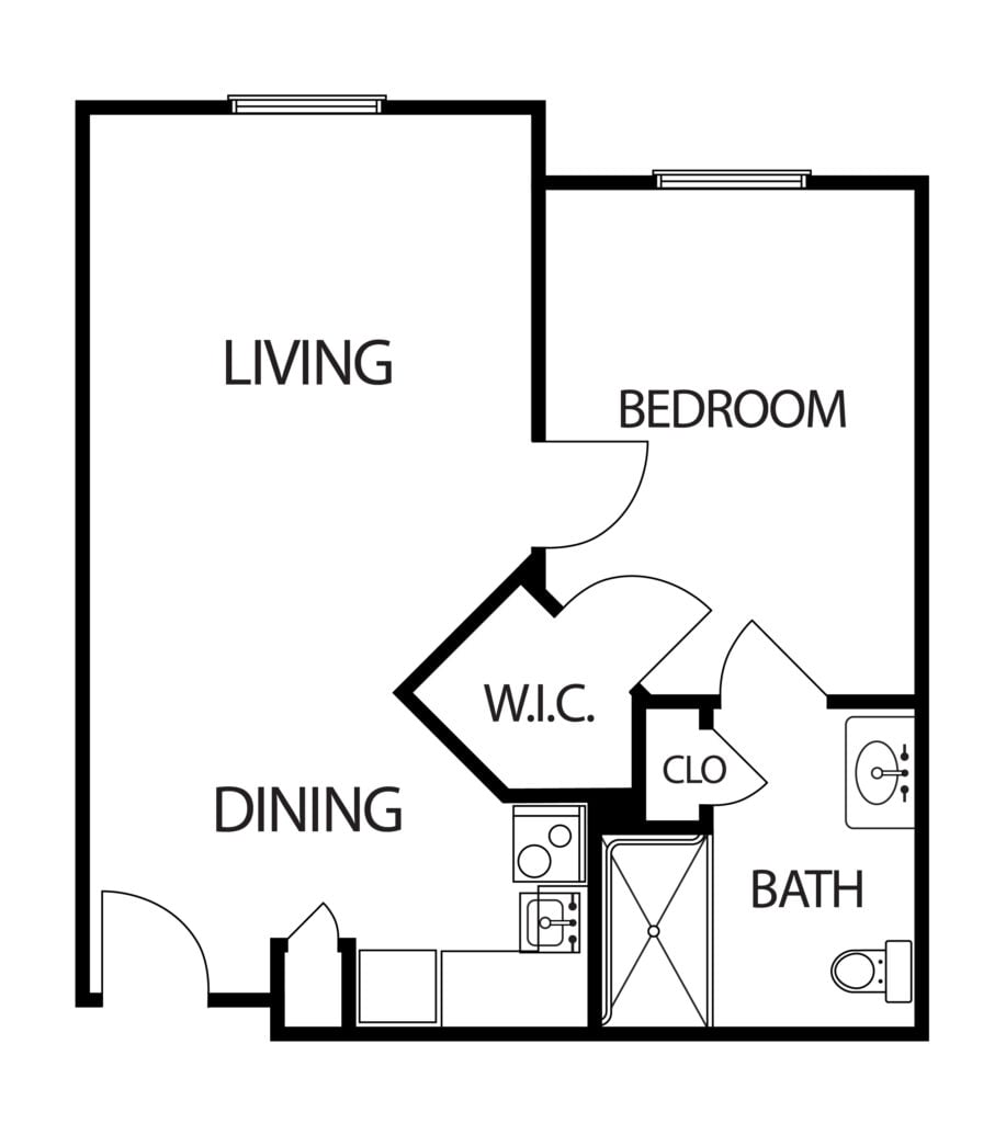 one-bedroom apartment with living room, bathroom and kitchenette