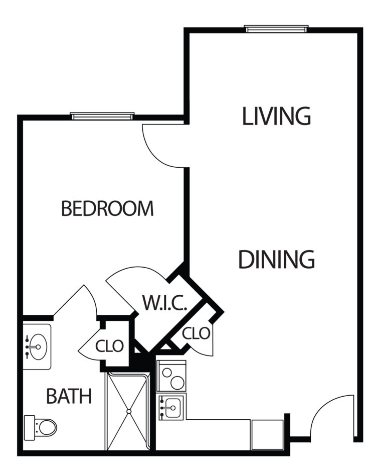 one-bedroom apartment with living room, bathroom and kitchen