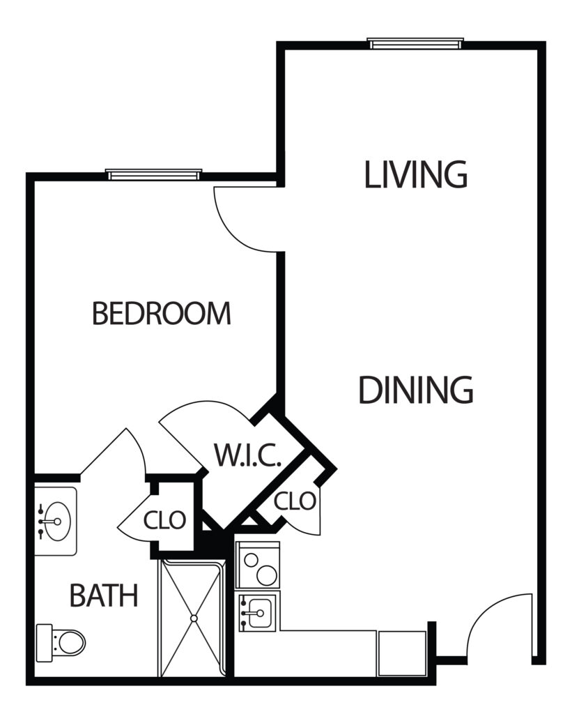 one-bedroom apartment with living room, bathroom and kitchen