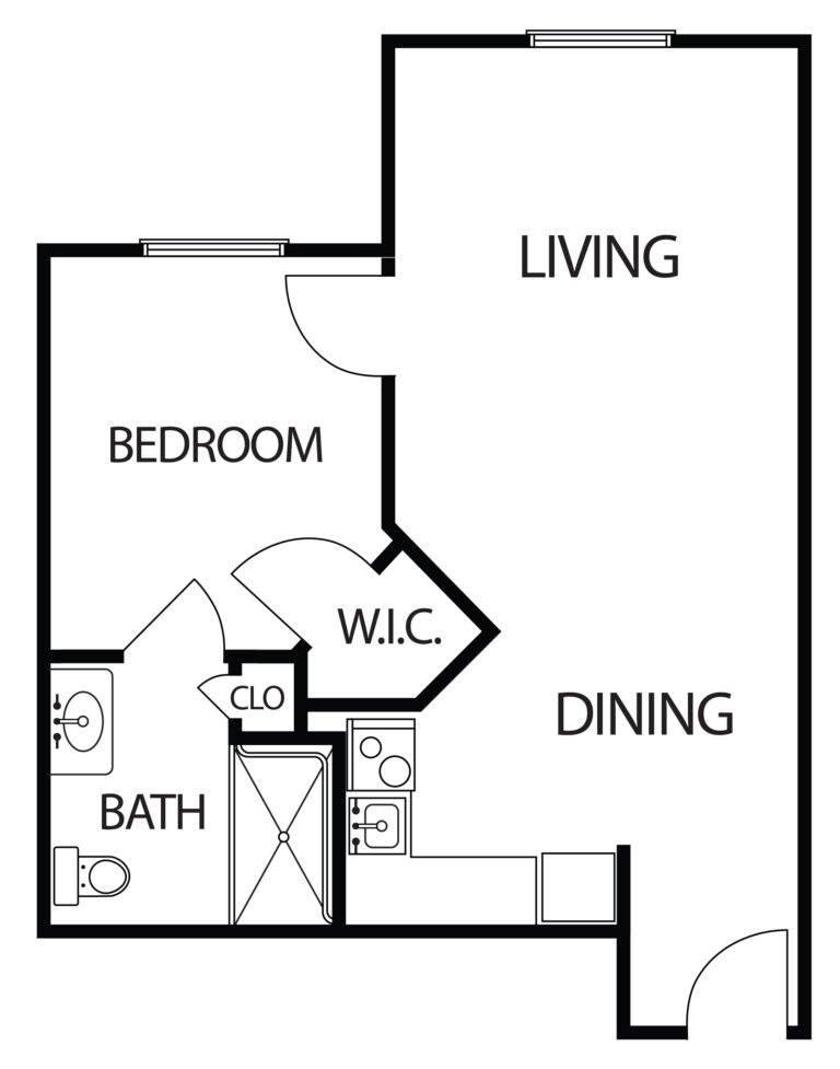 one-bedroom apartment with living room, bathroom and kitchenette