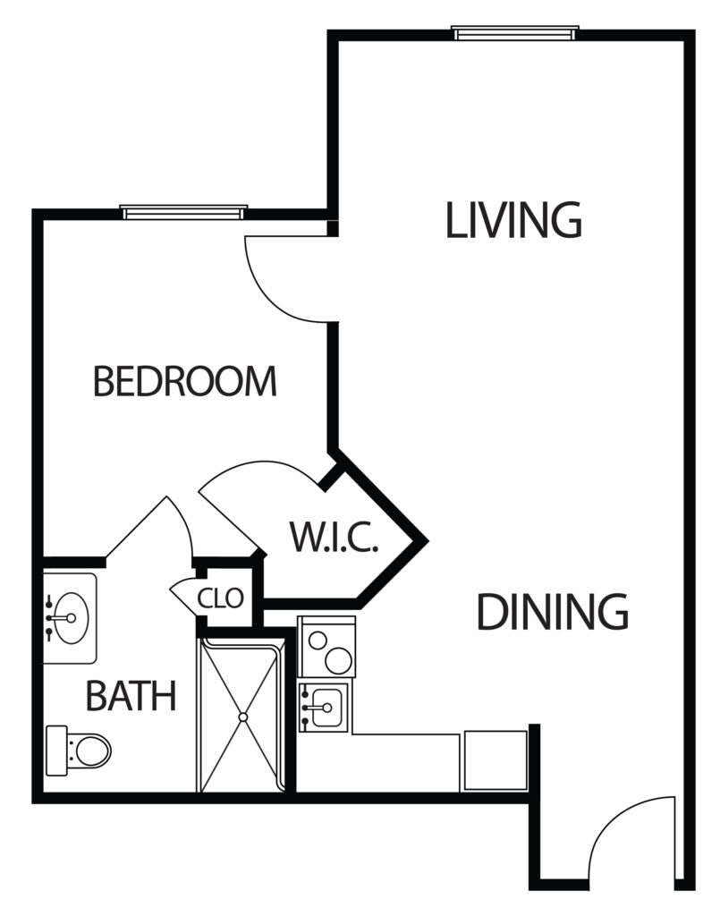 one-bedroom apartment with living room, bathroom and kitchenette