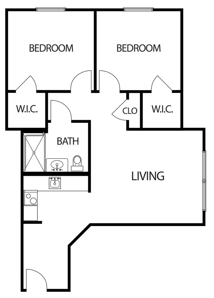 two-bedroom apartment with living room, one bathroom and kitchenette