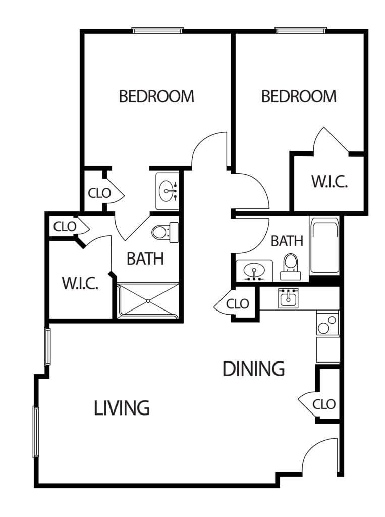 two-bedroom apartment with living room, two bathrooms and kitchen