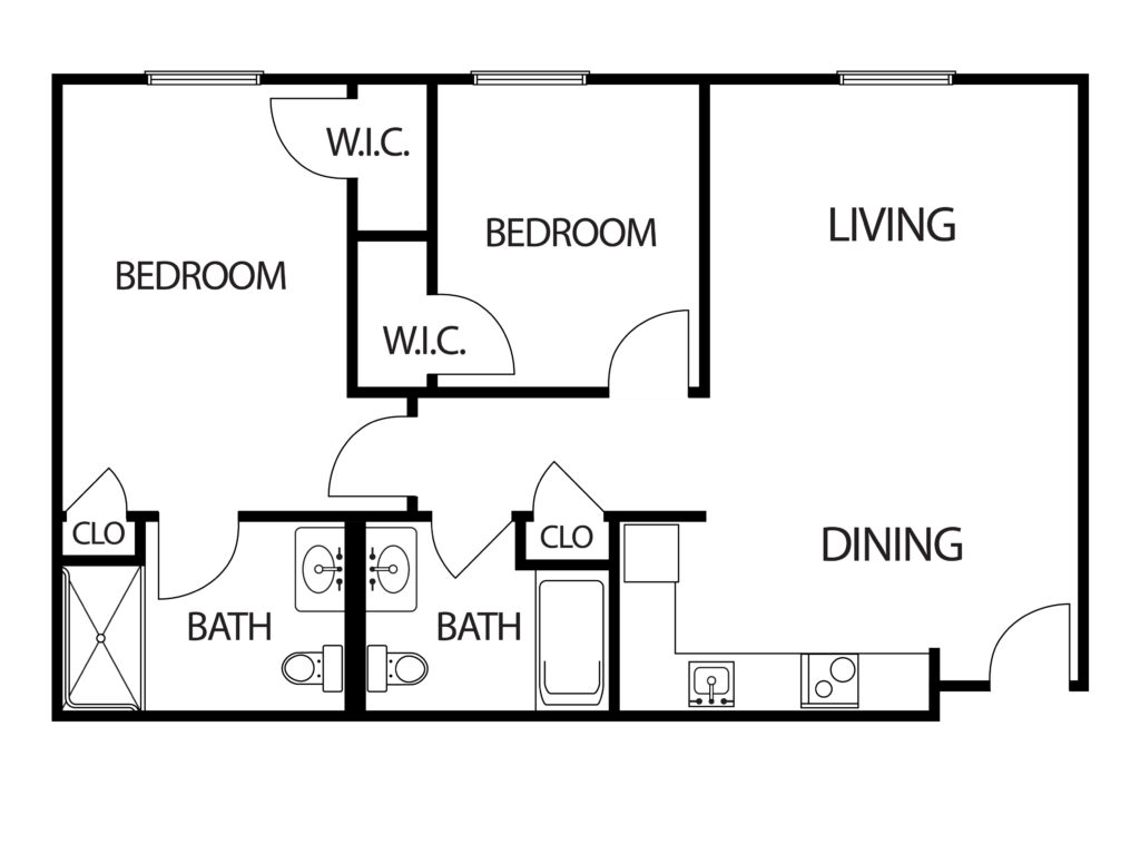 two-bedroom apartment with living room, two bathrooms and kitchen with large dining space