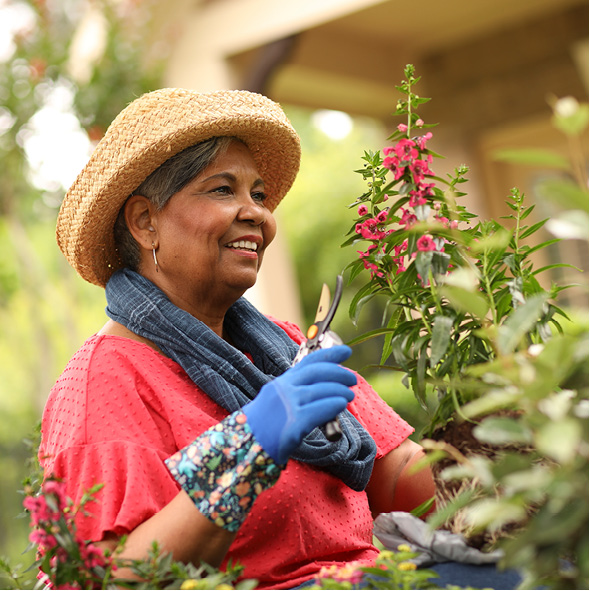 African American older woman gardening at her senior living community