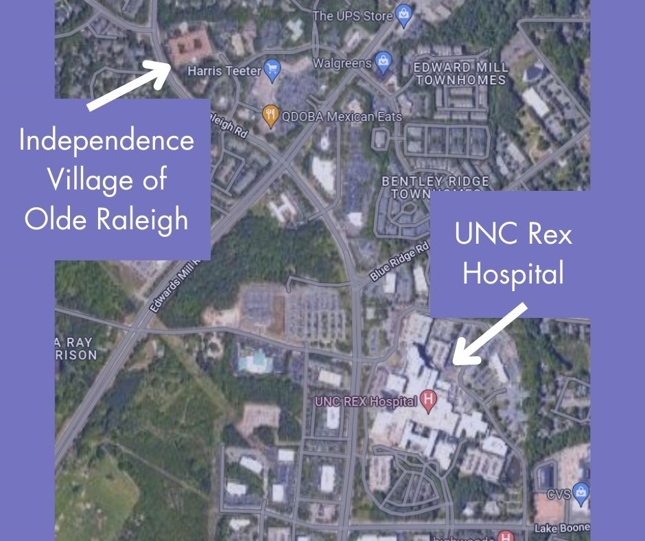 map showing distance from independence village of olde raleigh to UNC Rex hospital
