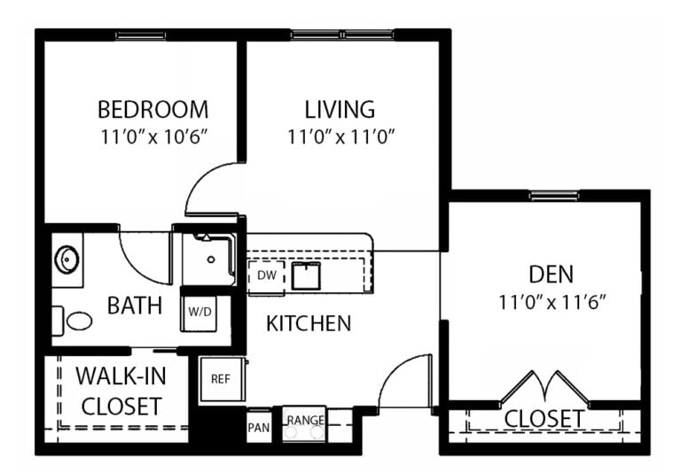 one-bedroom apartment with living room, bathroom, den and kitchen