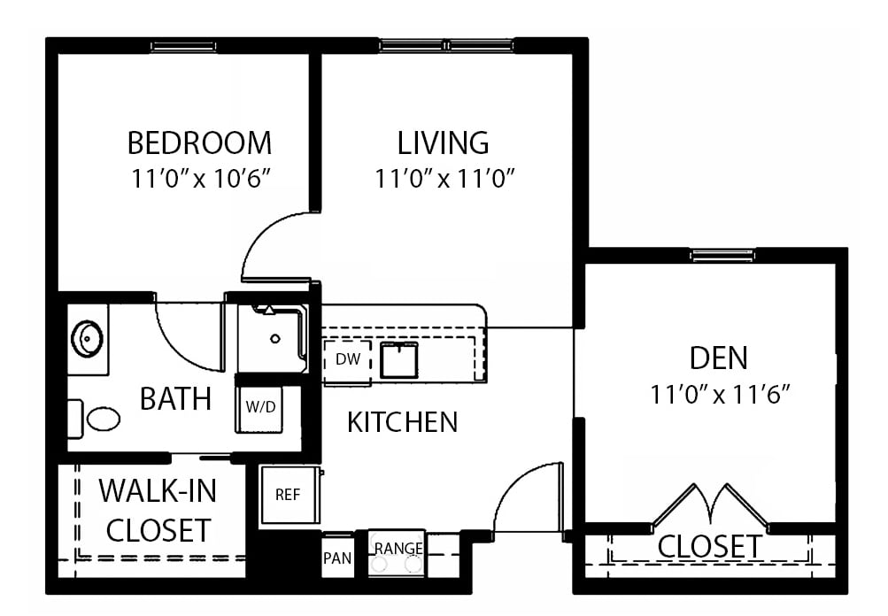 one-bedroom apartment with living room, bathroom, den and kitchen