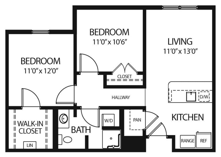 two-bedroom apartment with living room, bathroom and kitchen with large living area