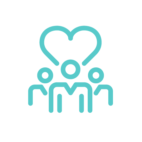An icon illustrating a caregiving team with three members standing in front of a heart.