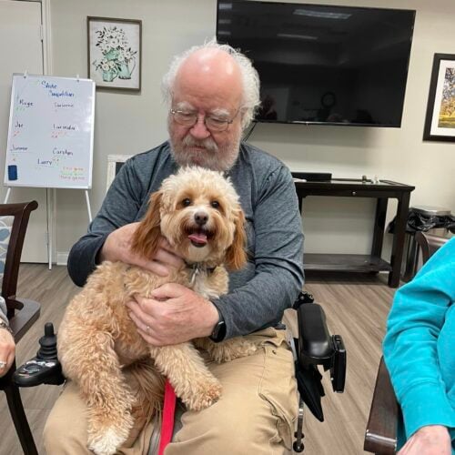 a man holding a dog