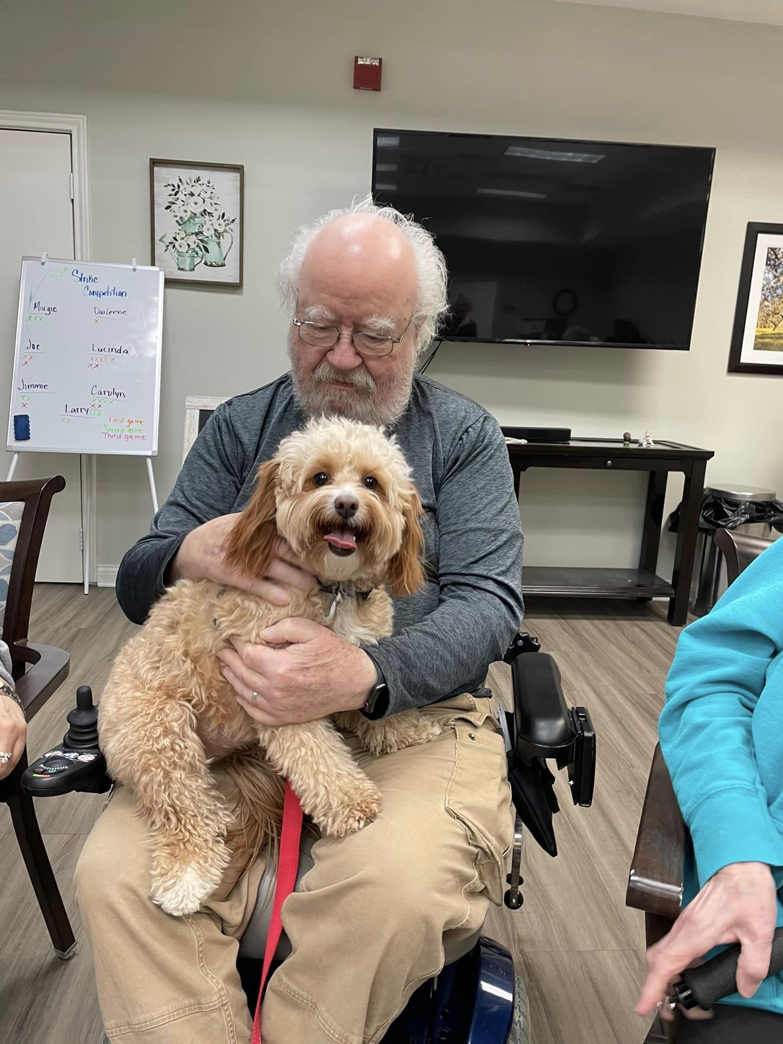 a man holding a dog