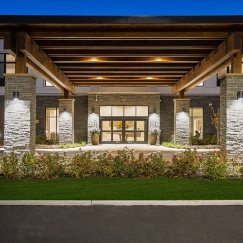 Mayfield front entrance at night