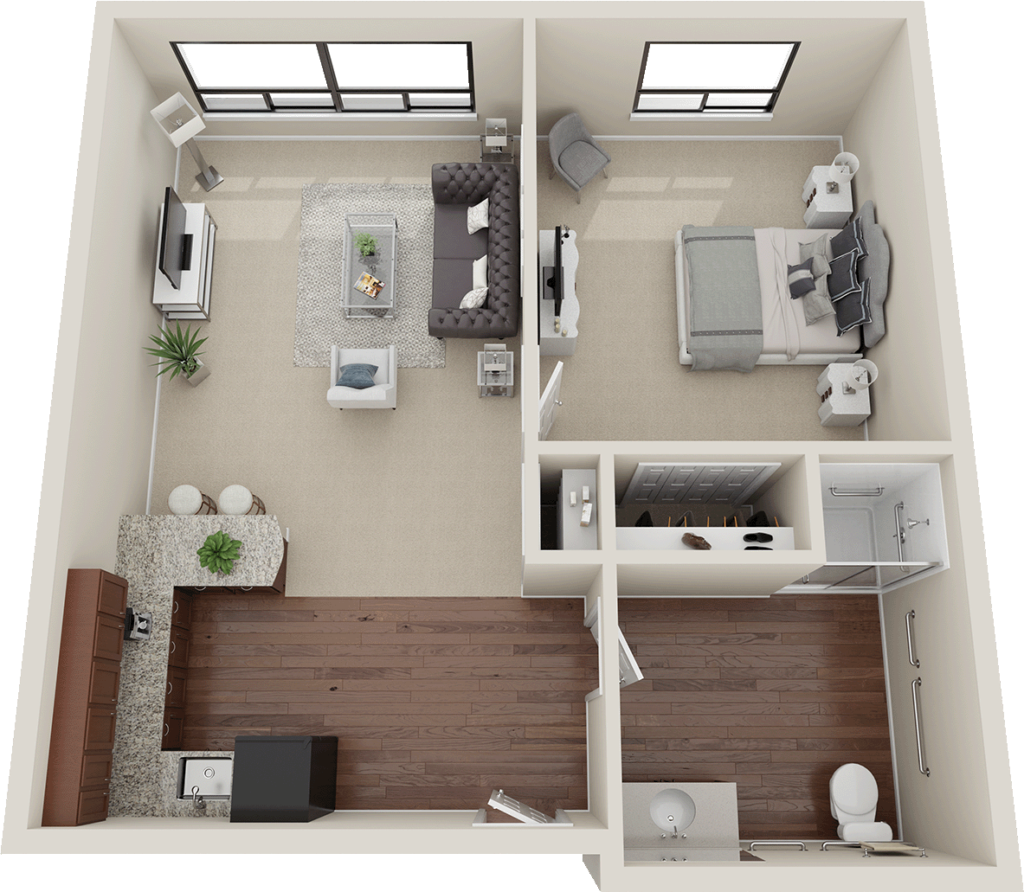 A 1-bedroom floor plan for Assisted Living at Summit Corners independent and assisted living senior community.