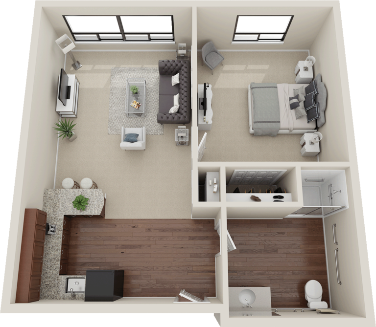 A 1-bedroom floor plan for Assisted Living at Summit Corners independent and assisted living senior community.