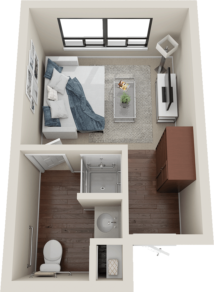 A studio floor plan for Memory Care at Summit Corners independent and assisted living senior community.