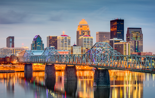 View of the downtown skyline at dusk in Louisville, Kentucky