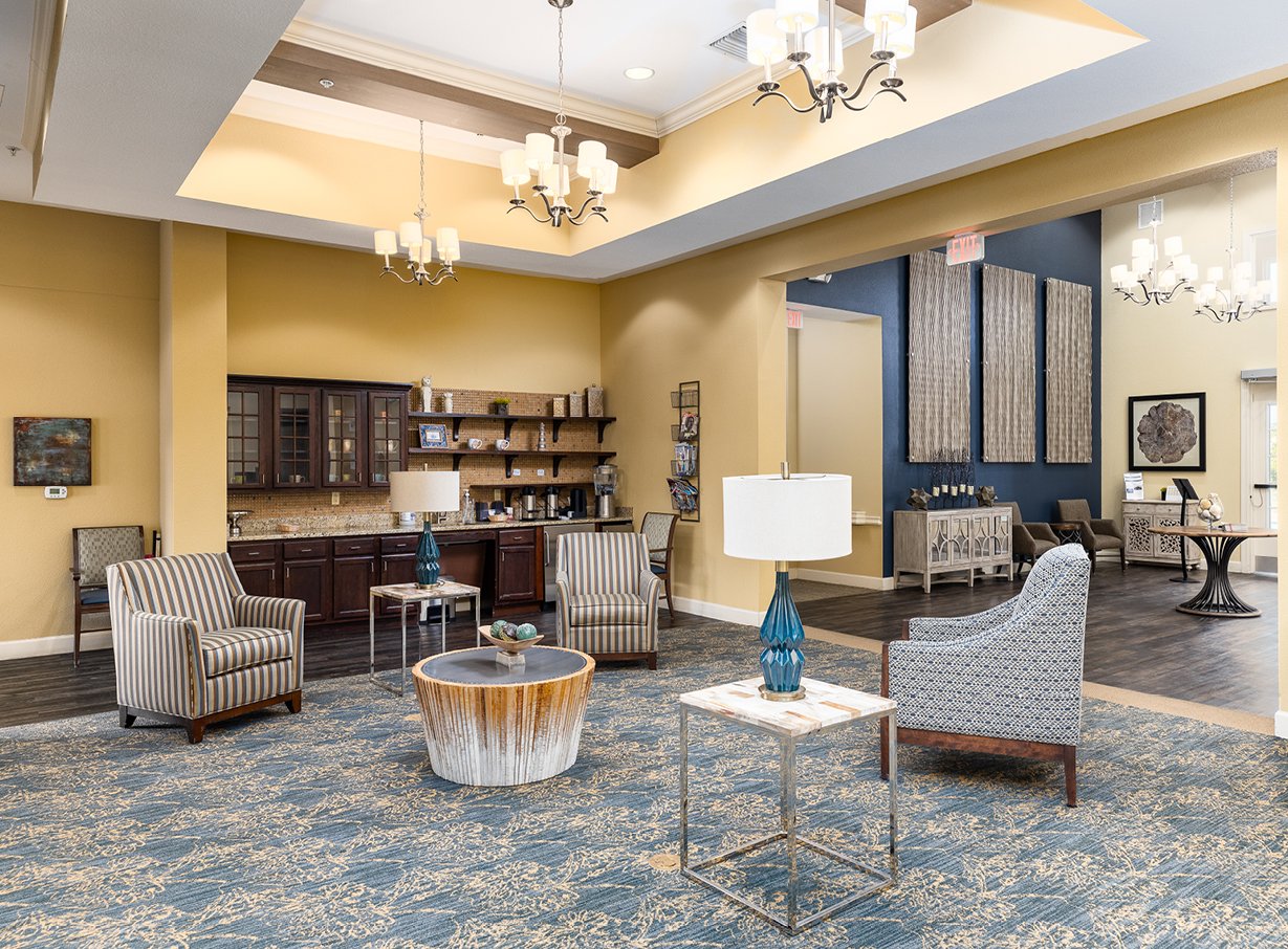The Waterford at Westover front lobby has a coffee bar and a few chairs to sit