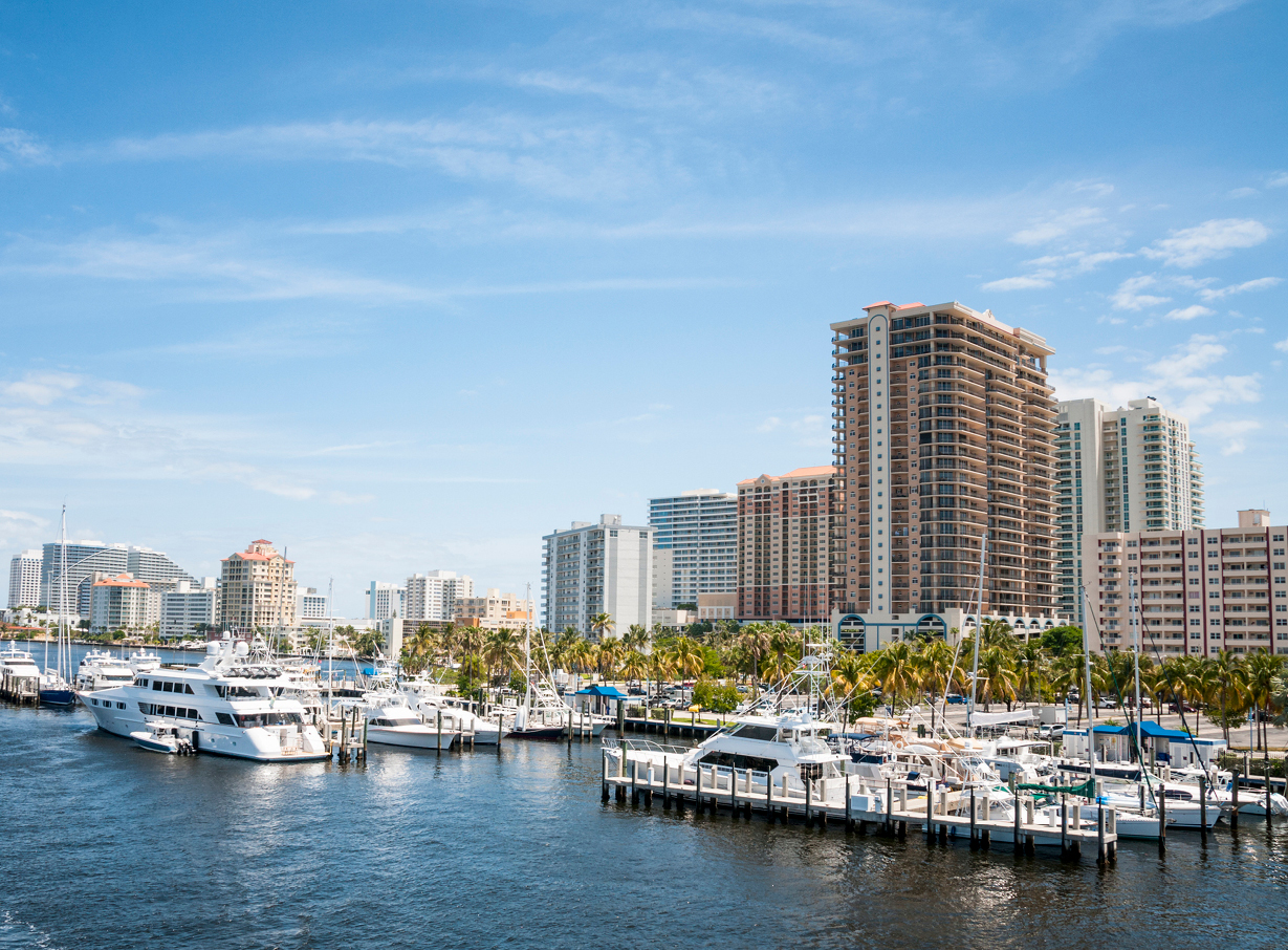 Port Orange, Florida skyline by the water with boats