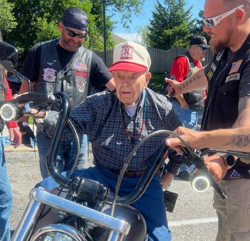 Tree of Dreams fulfilled as a senior man gets to ride a motorcycle with a gang, they all pose together