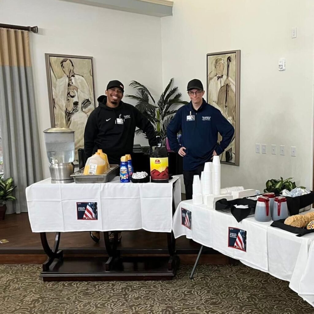 Team sets up buffet breakfast table for local first responders