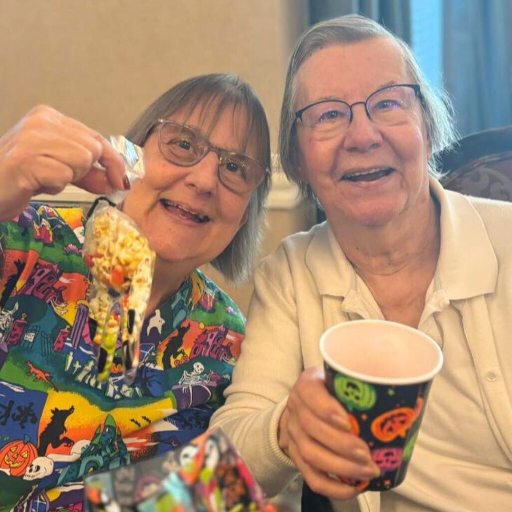 Residents having fun with Halloween treats