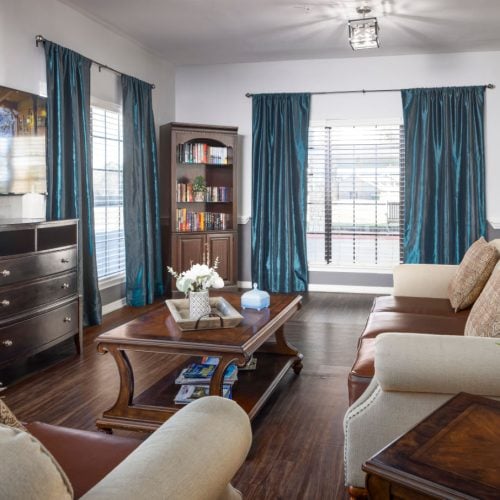 The Waterford at College Station lounge with couches, a bookshelf and flat-screen TV