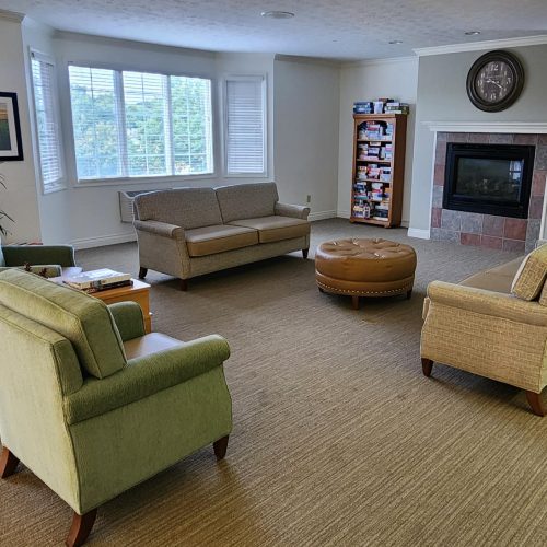 Comfortable lounge with chairs, couches, a game shelf and a fireplace