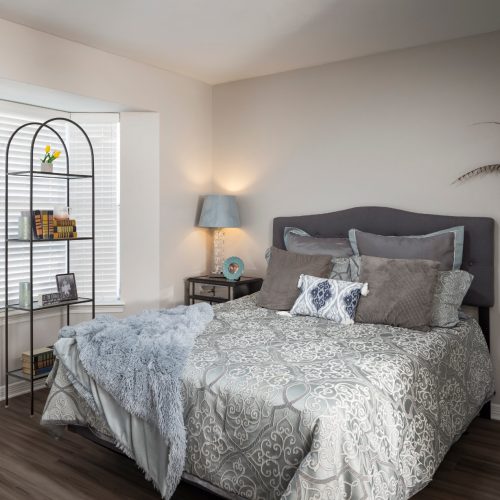 Bedroom in a senior apartment with a bed, nightstand and shelving at the Waterford at Baytown, located in Baytown, Texas