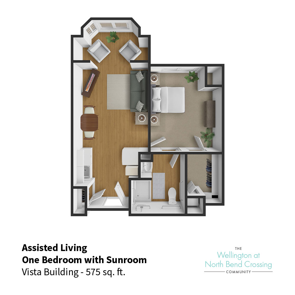 The Wellington at North Bend Crossing Floor Plan: Vista Assisted Living One Bedroom with Sunroom