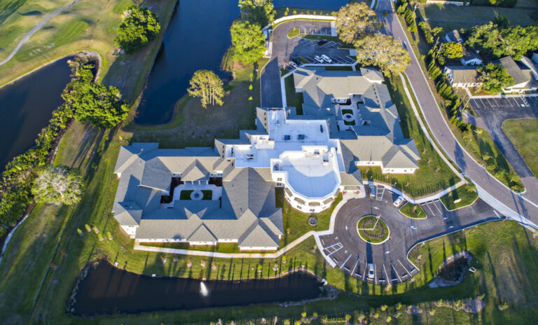 Aerial view of Magnolia Trails at East Lake senior living and memory care community in Tarpon Springs, Florida.