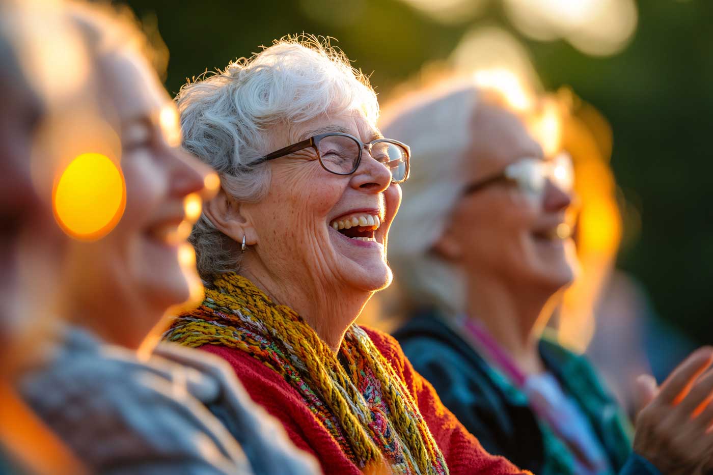 Group of senior citizens laughing and enjoying an outdoor concert