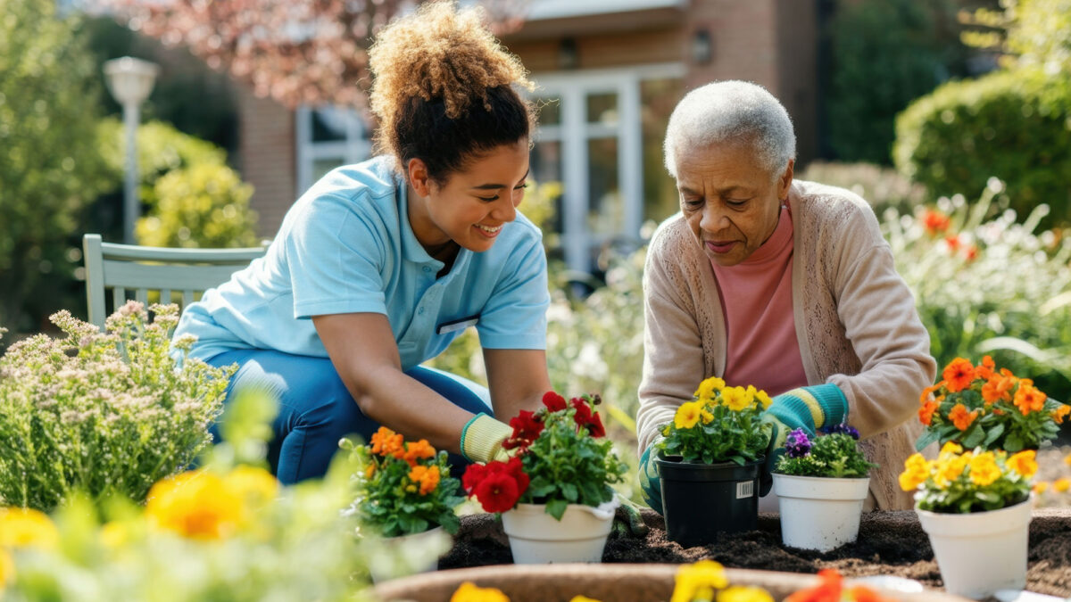Caregiver helps an elderly woman in the garden plant flowers