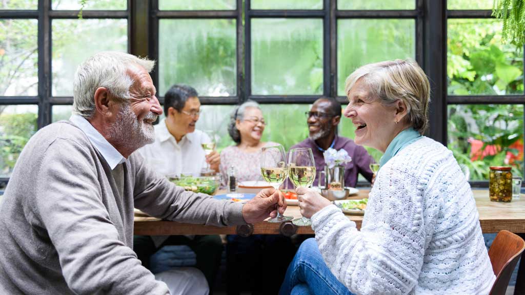 Diverse group of seniors enjoying dinner and toasting