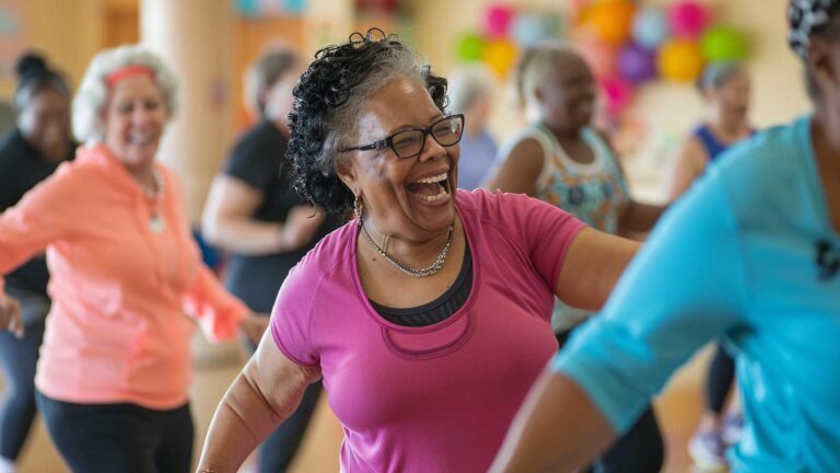 group of elderly people laughing during a dance exercise program