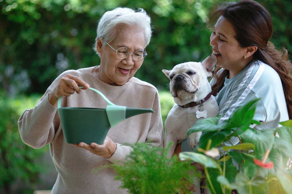 Woman waters a plant next to family member and dog