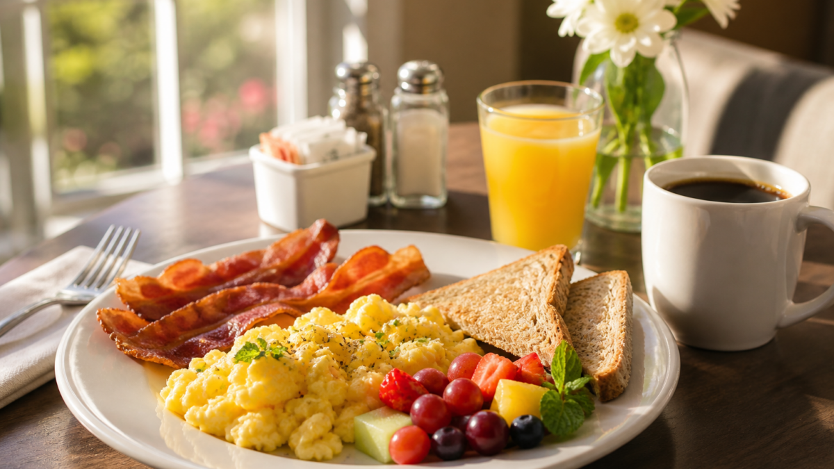 created stock breakfat spread eggs toast coffee